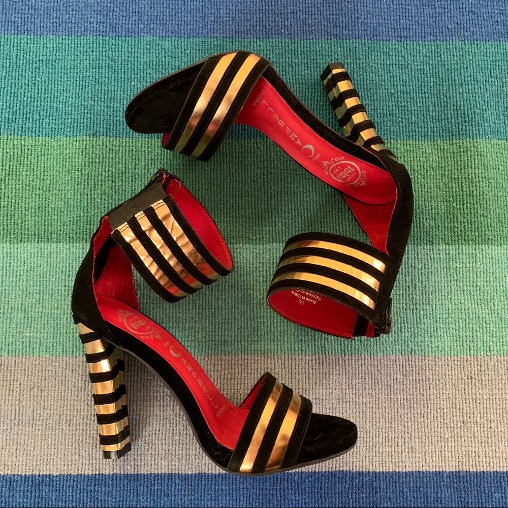 Jeffrey Campbell black and gold strap suede heels